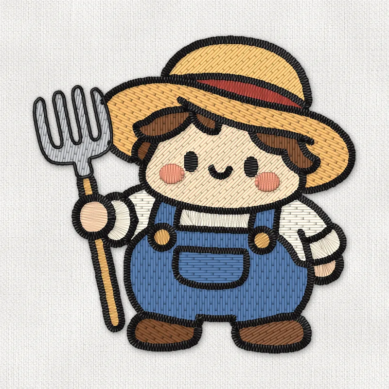 Stickdatei mit einem lächelnden kleinen Bauern mit Strohhut und blauer Latzhose, der eine Heugabel hält