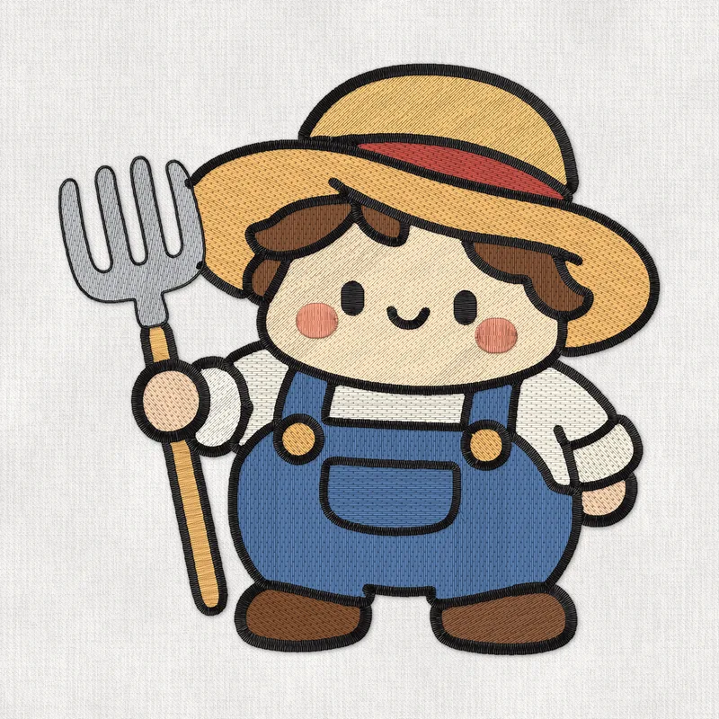 Stickdatei mit einem lächelnden kleinen Bauern mit Strohhut und blauer Latzhose, der eine Heugabel hält