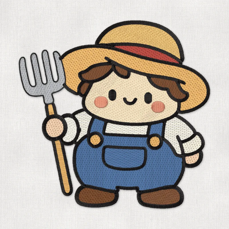 Stickdatei mit einem lächelnden kleinen Bauern mit Strohhut und blauer Latzhose, der eine Heugabel hält