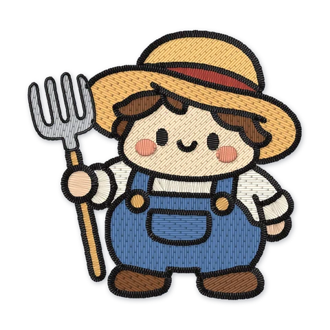 Ricamo a macchina di un piccolo contadino sorridente con cappello di paglia e salopette blu che tiene un forcone