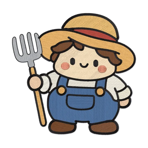 Stickdatei mit einem lächelnden kleinen Bauern mit Strohhut und blauer Latzhose, der eine Heugabel hält