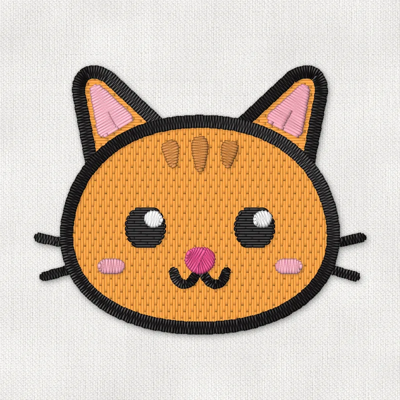 Motif de broderie machine d'une tête de chat roux tigré, toute mignonne, aux grands yeux noirs brillants, aux joues roses et aux moustaches