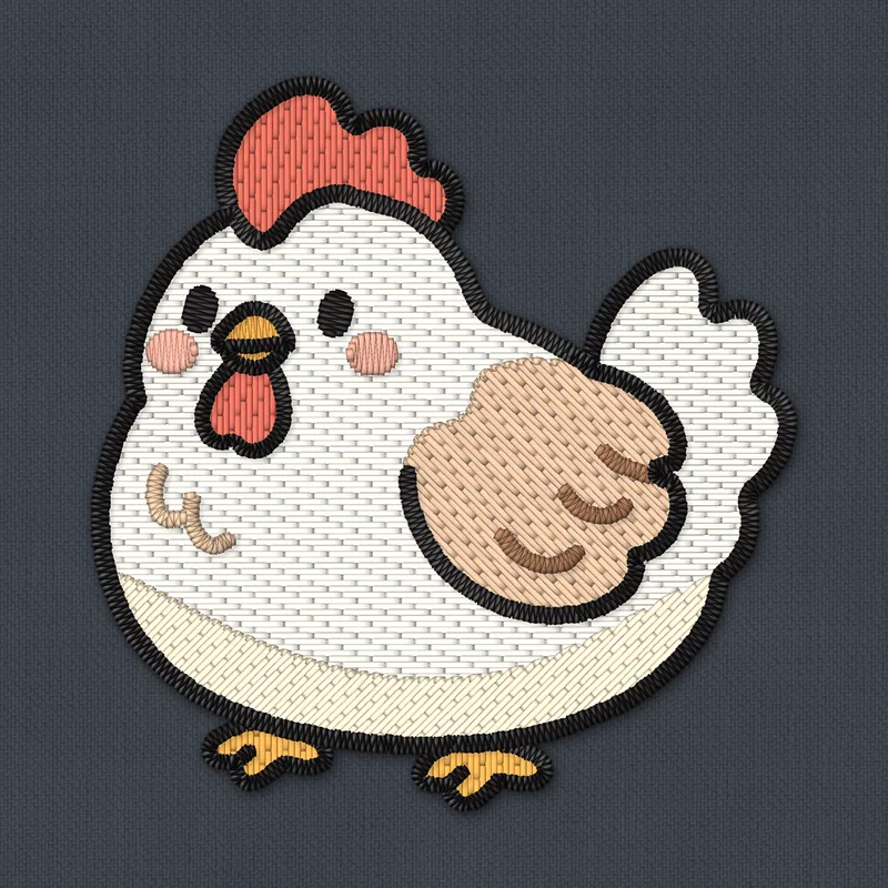 Ricamo a macchina di una gallinella bianca con cresta e bargigli rossi, ala fulva, guance rosa e zampe arancioni