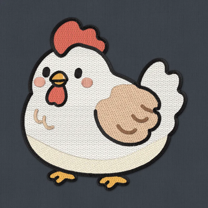 Ricamo a macchina di una gallinella bianca con cresta e bargigli rossi, ala fulva, guance rosa e zampe arancioni
