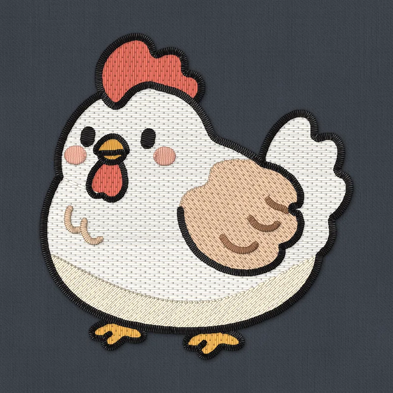 Ricamo a macchina di una gallinella bianca con cresta e bargigli rossi, ala fulva, guance rosa e zampe arancioni
