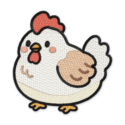 Ricamo a macchina di una gallinella bianca con cresta e bargigli rossi, ala fulva, guance rosa e zampe arancioni