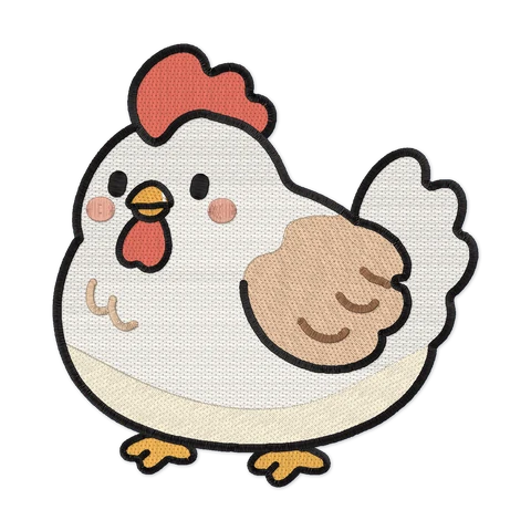 Ricamo a macchina di una gallinella bianca con cresta e bargigli rossi, ala fulva, guance rosa e zampe arancioni
