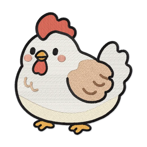 Ricamo a macchina di una gallinella bianca con cresta e bargigli rossi, ala fulva, guance rosa e zampe arancioni