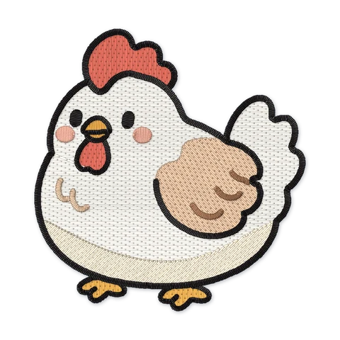 Ricamo a macchina di una gallinella bianca con cresta e bargigli rossi, ala fulva, guance rosa e zampe arancioni