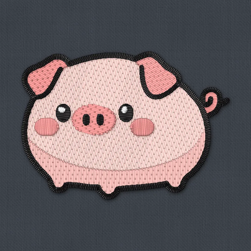 Stickdatei mit einem runden rosa Ferkel mit Schlappohren, rosa Schnauze, glänzenden Augen, rosigen Wangen und Ringelschwanz