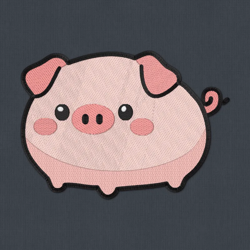 Stickdatei mit einem runden rosa Ferkel mit Schlappohren, rosa Schnauze, glänzenden Augen, rosigen Wangen und Ringelschwanz