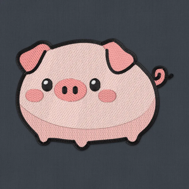 Stickdatei mit einem runden rosa Ferkel mit Schlappohren, rosa Schnauze, glänzenden Augen, rosigen Wangen und Ringelschwanz