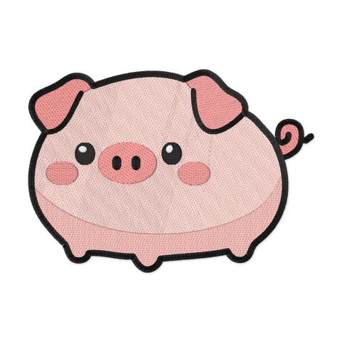 Stickdatei mit einem runden rosa Ferkel mit Schlappohren, rosa Schnauze, glänzenden Augen, rosigen Wangen und Ringelschwanz