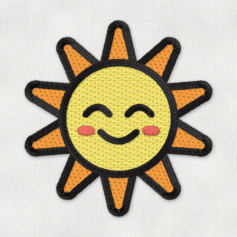 Matriz de bordado de um sol amarelo sorridente com olhos fechados, bochechas rosadas e dez raios laranja