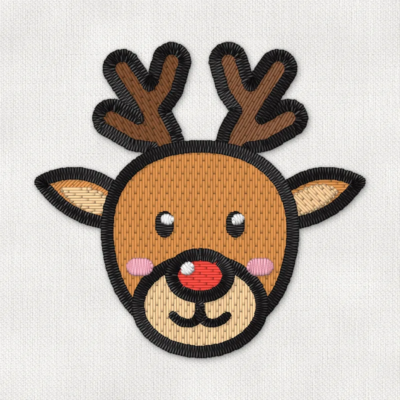 Embroidery design of a cute reindeer face with brown antlers, a red nose and pink cheeks