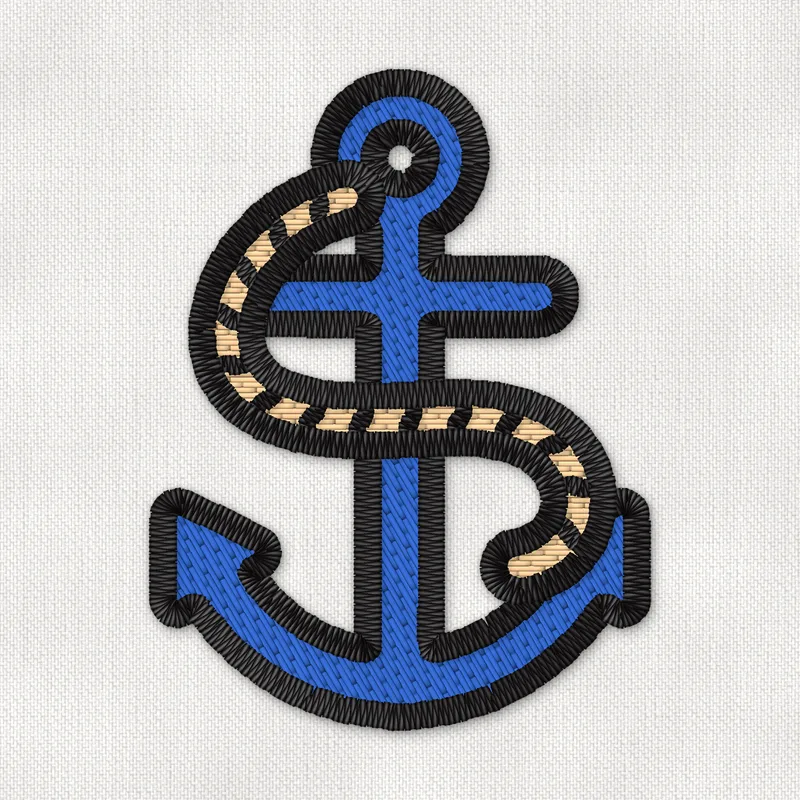 Borduurpatroon van een blauw scheepsanker met een zandkleurig touw eromheen