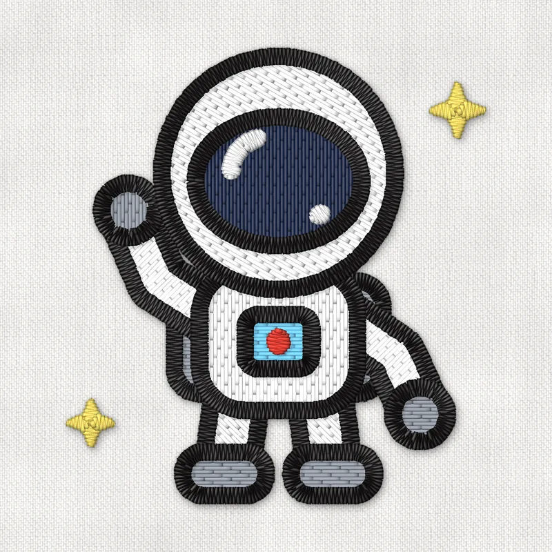 Broderifil med en söt vinkande astronaut i vit rymddräkt och hjälm med marinblått visir och gula stjärnor
