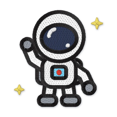 Broderifil med en sød vinkende astronaut i hvid rumdragt og hjelm med marineblåt visir og gule stjerner