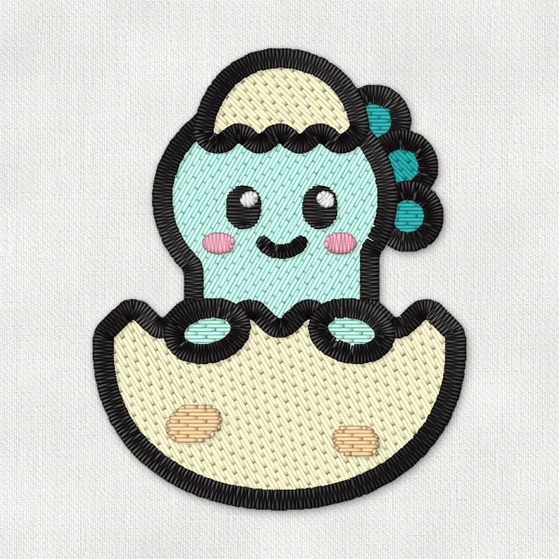 Stickdatei mit einem mintgrünen Dinobaby, das aus einem cremefarbenen Ei schlüpft und ein Stück Schale auf dem Kopf trägt