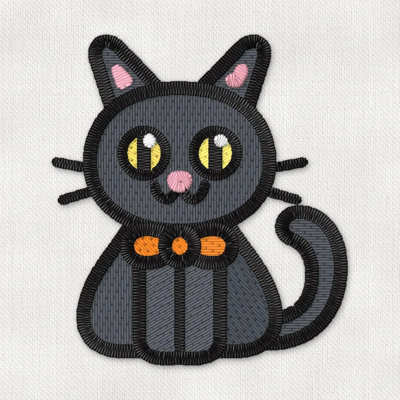 Embroidery design of a cute black cat sitting with yellow eyes, an orange bow and a curled tail