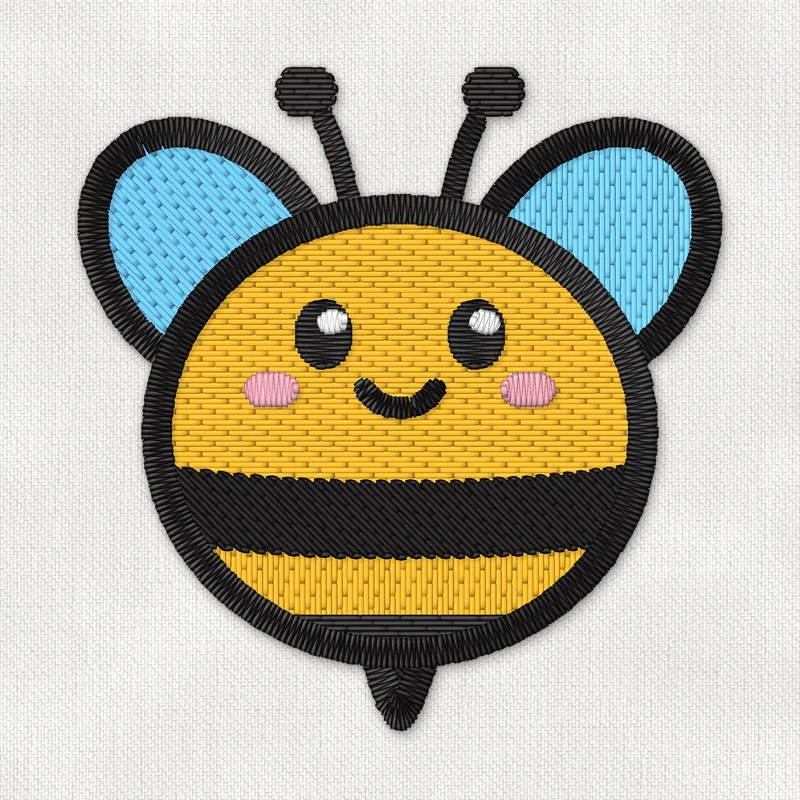 Embroidery design of a cute round bumble bee with yellow and black stripes and blue wings