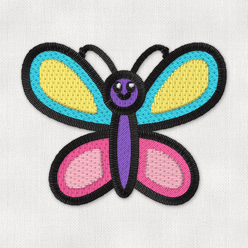 Stickdatei mit einem bunten Schmetterling mit türkisfarbenen, gelben und pinken Flügeln und lächelndem Gesicht