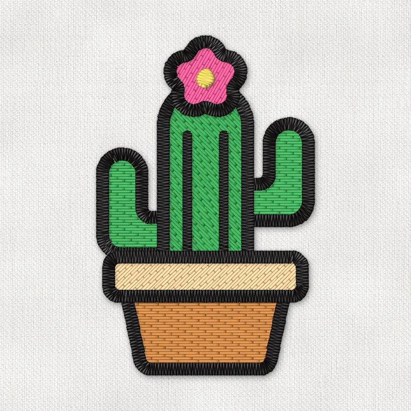 Diseño de bordado de un cactus verde de dos brazos con una flor rosa, plantado en una maceta de terracota