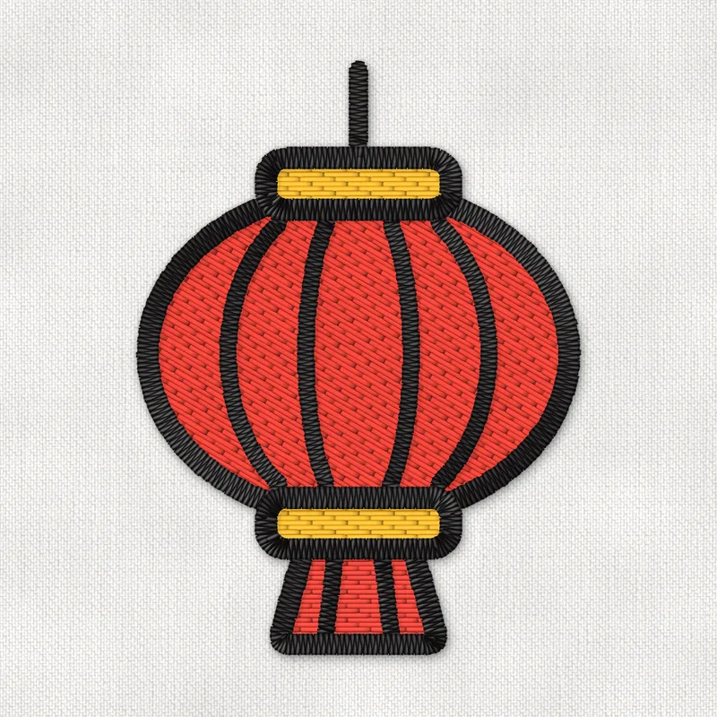 Embroidery design of a red Chinese paper lantern with gold caps and a red tassel