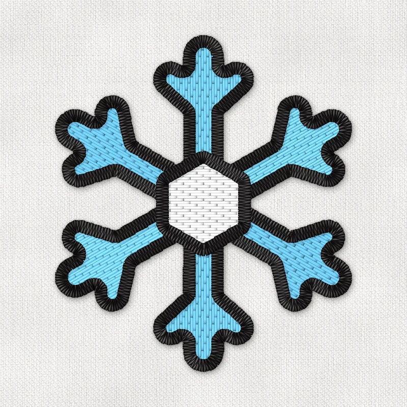 Motif de broderie machine d'un gros flocon de neige bleu ciel à six branches fourchues, avec un hexagone blanc au centre