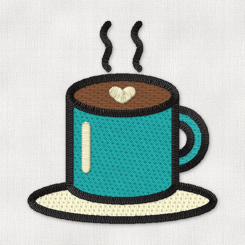 Wzór haftu maszynowego z parującym kubkiem kawy w morskim kolorze, z sercem latte art na kremowym spodeczku