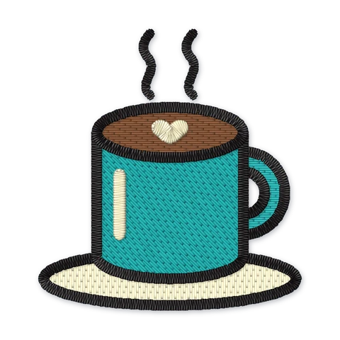 Broderifil med et dampende petrolblåt kaffekrus med et latte-hjerte på en cremefarvet underkop