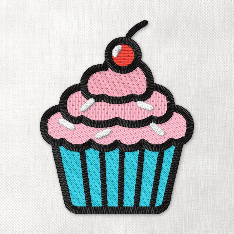 Stickdatei mit einem Cupcake in türkisfarbener Backform mit rosa Frosting, weißen Streuseln und roter Kirsche