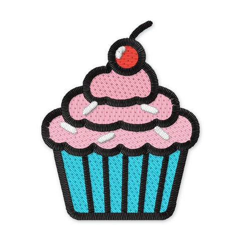 Broderifil med en cupcake i turkis papirform med lyserød frosting, hvidt krymmel og et rødt kirsebær