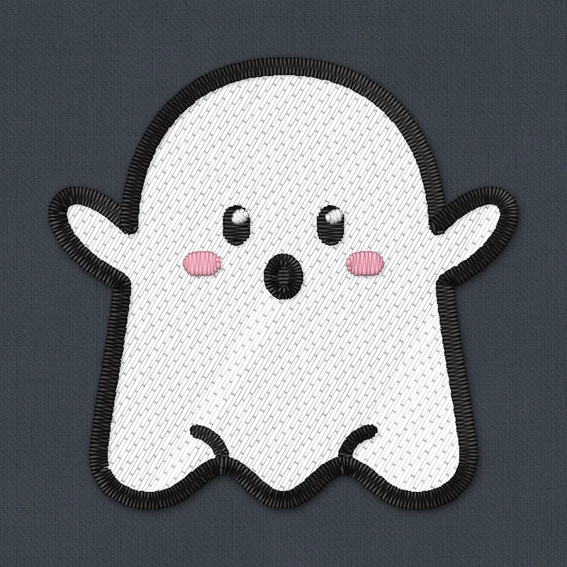 Diseño de bordado de un fantasma blanco tierno con los brazos en alto, ojos grandes, mejillas rosadas y el bajo ondulado