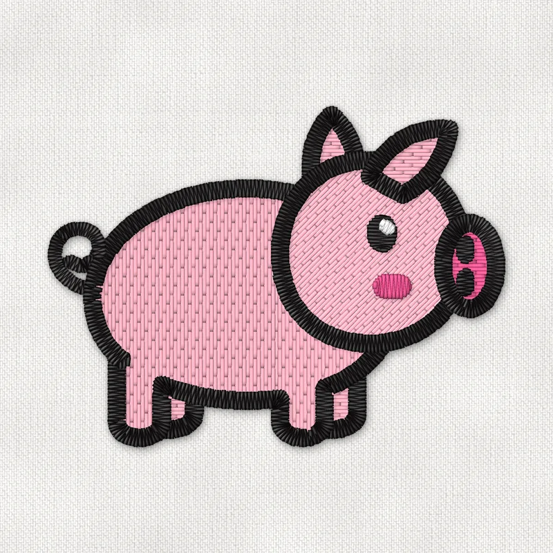 Embroidery design of a cute pink piglet in side view with a curly tail and a hot pink snout
