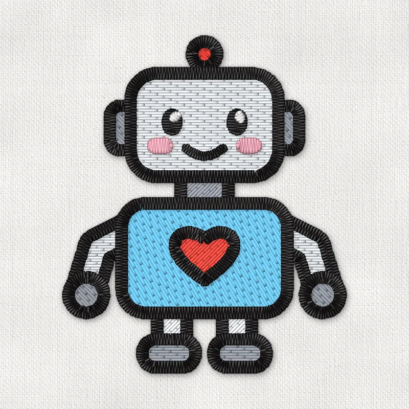 Stickdatei mit einem silber-blauen Roboter mit rotem Herz auf der Brust und roter Antenne