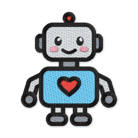Broderifil med en sød robot i sølv og blå med et rødt hjerte på brystet og en rød antenne