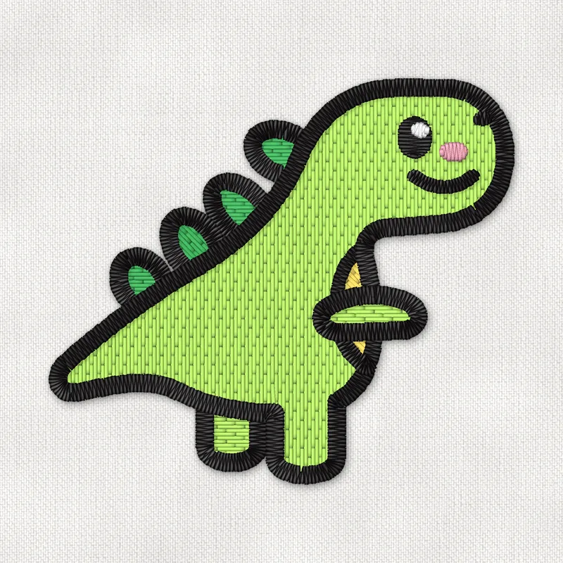 Broderifil med en søt grønn T-rex med mørkegrønne ryggplater og gul mage