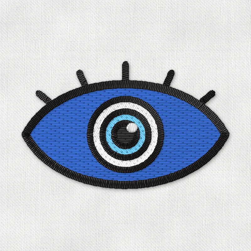Embroidery design of a blue evil eye nazar symbol with lashes and a white and light blue iris