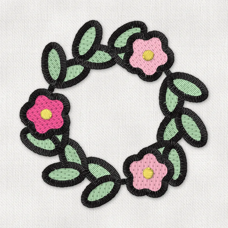 Ricamo a macchina di una ghirlanda rotonda di fiori, con coppie di foglie verde salvia e tre fiori rosa