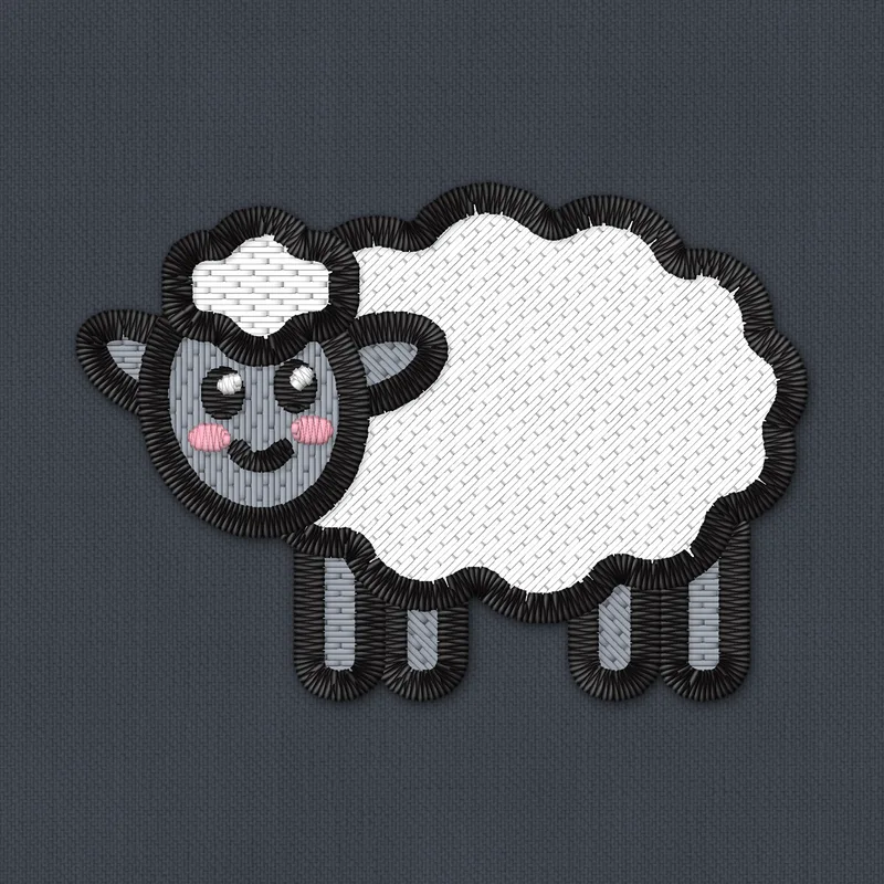 Borduurpatroon van een wollig wit schaapje met een grijs gezichtje, een plukje wol en roze wangetjes