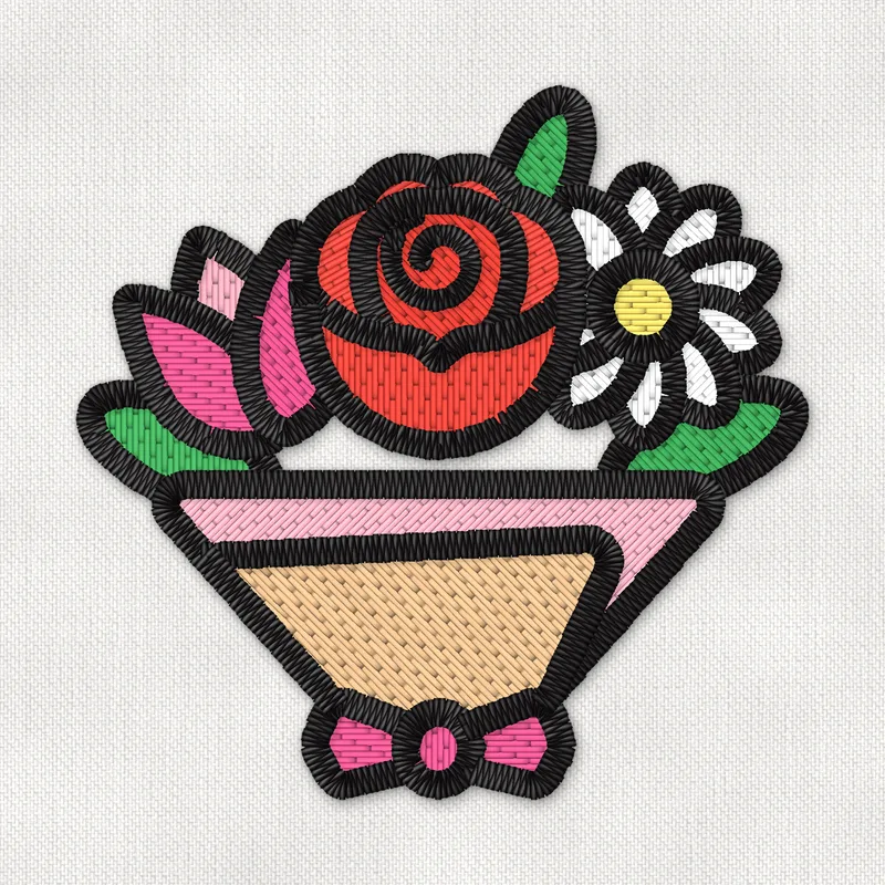 Broderifil med en blomsterbuket med en rød rose, en pink tulipan og en hvid marguerit i gråpapir med en pink sløjfe
