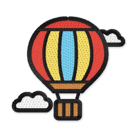 Stickdatei mit einem rot-gelb-blau gestreiften Heißluftballon mit Korb zwischen zwei weißen Wolken