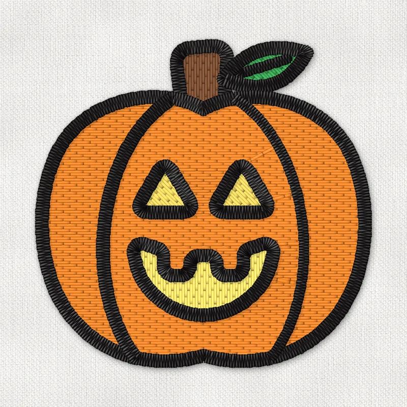 Motif de broderie machine d'une citrouille d'Halloween orange et souriante, au visage sculpté jaune lumineux, avec une tige et une feuille