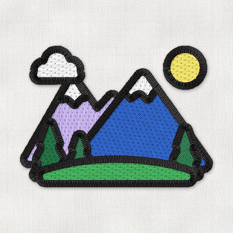Embroidery design of two snowy mountains under a yellow sun and a cloud, with pine trees behind a green hill