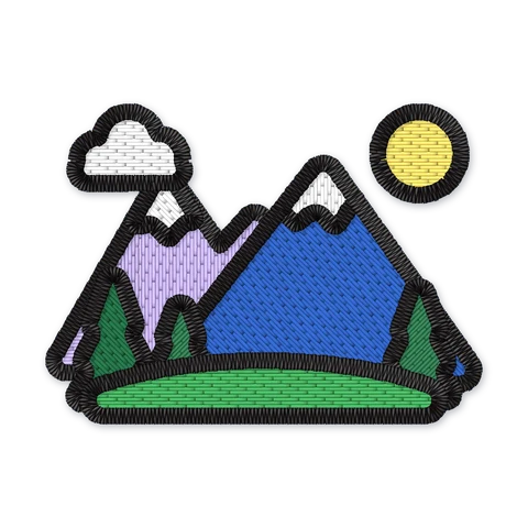 Diseño de bordado de dos montañas nevadas bajo un sol amarillo y una nube, con pinos detrás de una colina verde