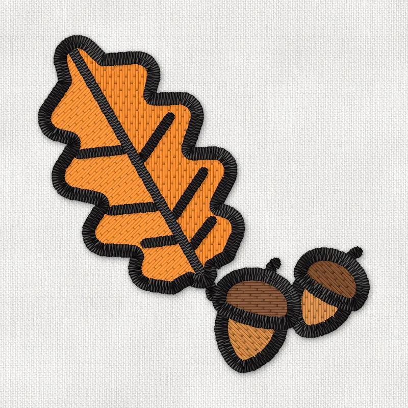 Stickdatei mit einem orangefarbenen Eichenblatt und zwei braunen Eicheln