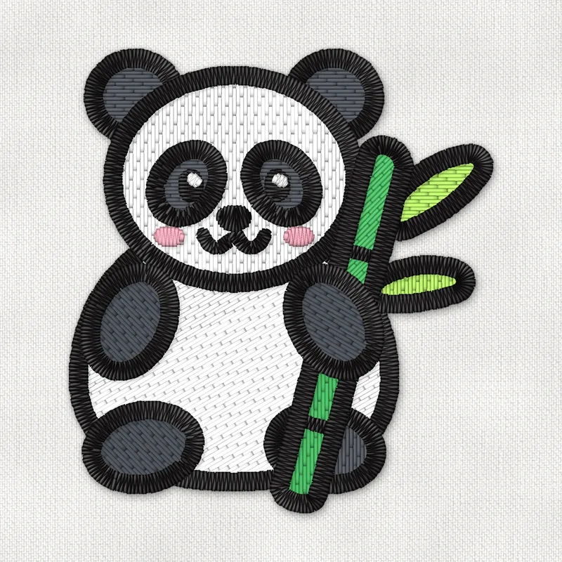 Stickdatei mit einem sitzenden Panda, der einen grünen Bambusstängel mit Blättern umarmt