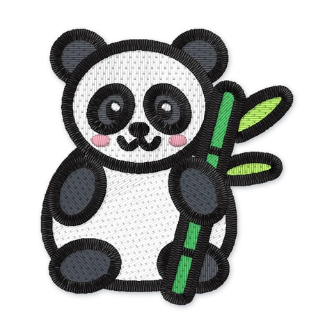 Broderifil med en sød siddende panda, der krammer en grøn bambusstok med blade
