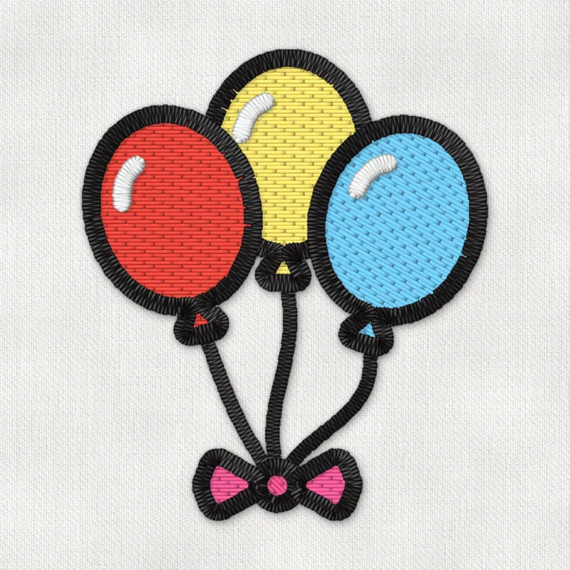 Stickdatei mit drei roten, gelben und blauen Luftballons, deren Schnüre mit einer rosa Schleife gebunden sind